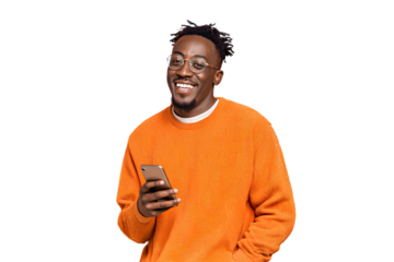Young man smiling and holding a smartphone, isolated on a transparent background