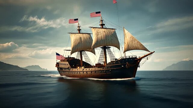 Ancient pirate ship isolated in blue sky for nautical and maritime themed designs and creative projects