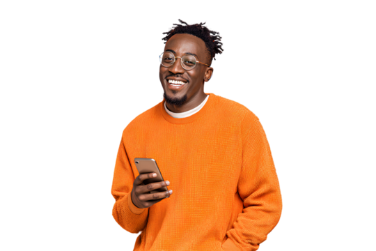 Young man smiling and holding a smartphone, isolated on a transparent background