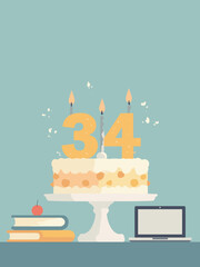 Age 34 – Birthday cake with number “34” candle, laptop and notebook, palette: slate gray, sky blue, white, mustard