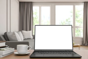 cozy home office scene with a black laptop on a wooden desk, blank white screen facing forward