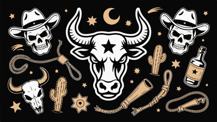 Vector art of western cowboy skull bull horns cactus moon and stars illustration