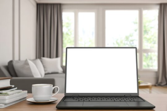 cozy home office scene with a black laptop on a wooden desk, blank white screen facing forward