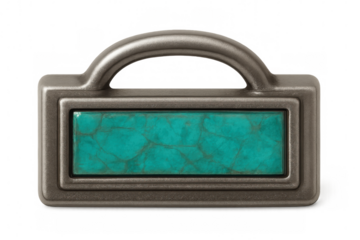 Metallic door handle with turquoise accent, gleaming against transparent studio backdrop