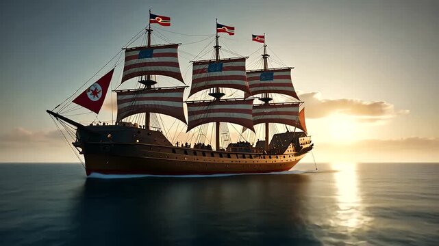 Ancient pirate ship isolated in blue sky for nautical and maritime themed designs and creative projects