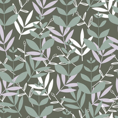 Foliage vector seamless pattern. Floral surface design of abstract greenery on gray background