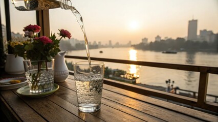 Clear water poured into glass golden sunset river view pouring liquid