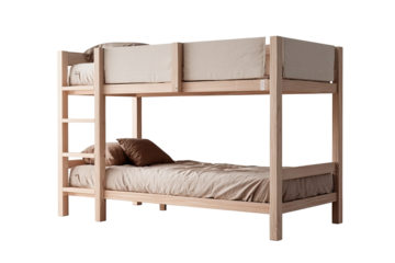 Light-colored wooden bunk bed with beige bedding