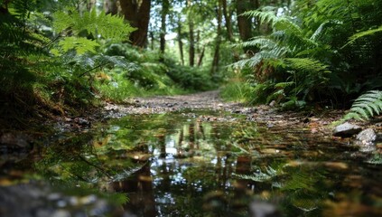 Forest path reflecting lush greenery.  Water puddle mirroring trees and ferns.  Close-up view