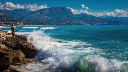 Man fishing on rocky shore with waves