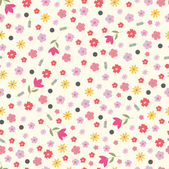 Scandinavian flowers vector seamless pattern. Floral ditsy surface design of pink scandi flowers on white background
