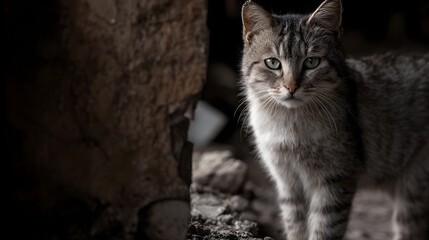 Stray cat taking shelter in an abandoned urban building