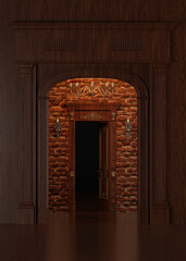 Classic 3D Rendering of an Elegant Door Entrance in Timeless Architecture Style, Featuring Ornate Details, Columns and Refined Interior Design for Luxury Real Estate or Historical Projects
