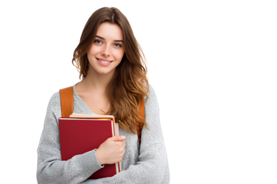 Portrait of a smiling female student with a book, backpack, and glasses, isolated on a transparent background