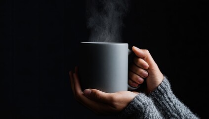 Warm hands hold a gray mug, steam rising
