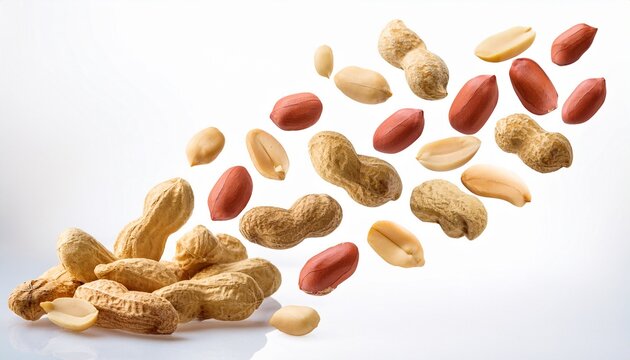 flying or falling shelled roasted peanuts on white or white background nutritious nuts healthy foods concept