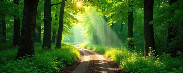 Obraz premium Sun-dappled forest path winding through lush green trees, sunlight filtering through leaves, creating a magical atmosphere Perfect for nature, hiking, and travel themes , ecosystem, canopy, dirt road