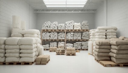 White warehouse interior, stacked sacks and boxes