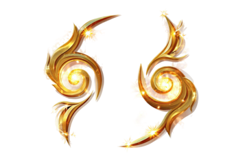 Two symmetrical, golden, ornate swirls.  Intricate,  floral/leafy details.  Glittering highlights.  Black background