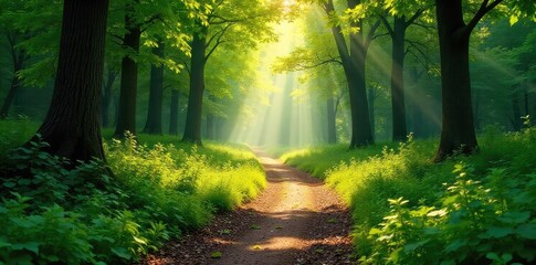 Obraz premium Sun-dappled path winding through a lush green forest, leaves dappling the ground, creating a magical atmosphere Perfect for nature, travel, and adventure themes , walk, scenic