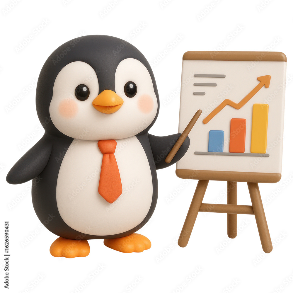 Poster cute 3d rendered penguin character in a tie points to a presentation board displaying a growth graph