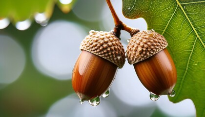 a macro shot of two acorns dangling from a leaf surrounded by droplets of water and dew