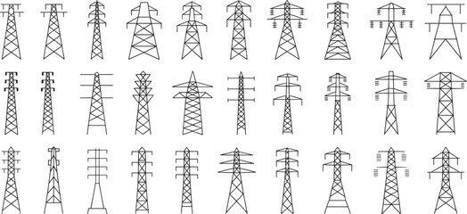 
Set of 30 vector electric power transmission tower icons, high voltage pylons, industrial electricity infrastructure illustrations