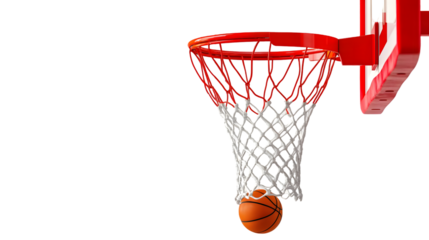 Basketball going through a red hoop with white net on black background on transparent background