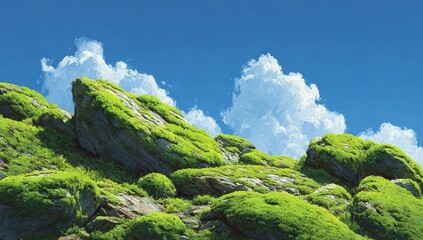 Lush green moss-covered rocks against a vibrant blue sky with fluffy white clouds.  A panoramic view of a rocky hillside