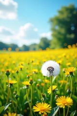 Fototapeta premium Vast field of fluffy dandelions swaying gently in the breeze, a breathtaking summer scene filled with vibrant yellow and white Perfect for nature, spring, and whimsical themes , breeze, flora