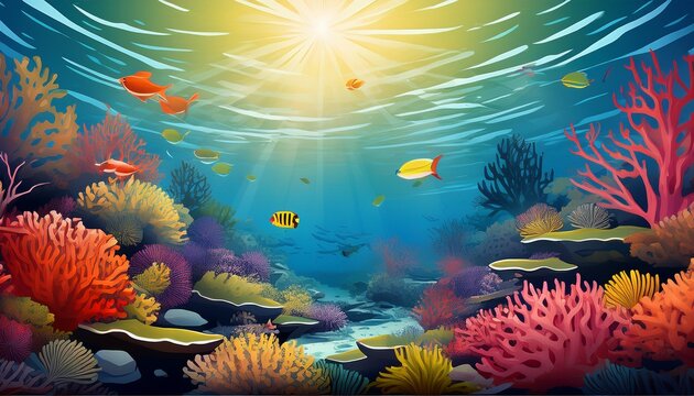 vibrant underwater scene featuring colorful coral reef and tropical fish basking in sunlit waters vibrant underwater coral reef scene with colorful marine life and sunlight