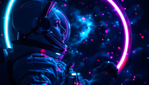 Stunning astronaut gazes at vibrant neon nebula, exploring futuristic cosmic wonder and digital dreams