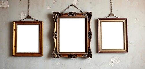 Antique picture frames hang askew on a weathered, textured wall,  detail,   plaster