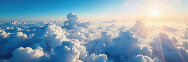 A breathtaking view of fluffy clouds and the vast expanse of the earth seen from an airplane window, sunlight illuminating the scene , atmosphere, scenic