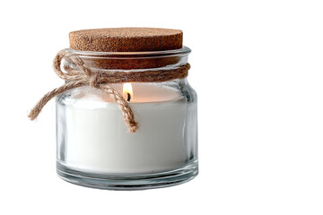 A small, clear glass jar candle with a cork lid and twine