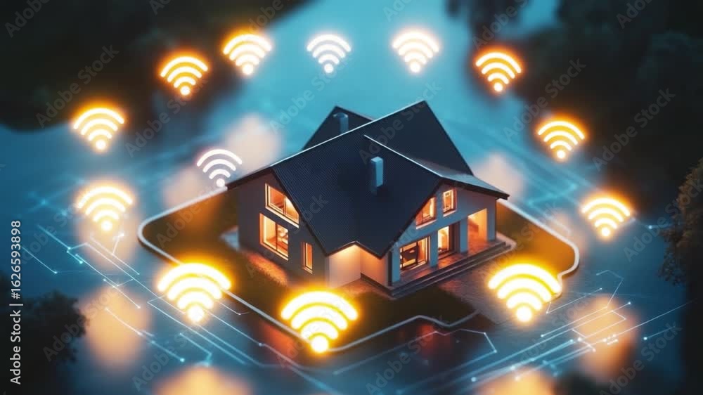Poster modern smart home concept with wi-fi signals and technology interface in a serene urban environment 