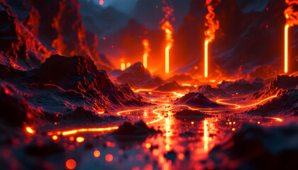 Fiery molten landscape with glowing lava rivers and erupting geothermal vents creates dramatic natural wonder