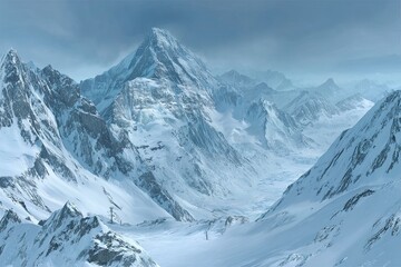 Snowy mountain peaks, vast valleys, and icy slopes.  A breathtaking vista of a high-altitude landscape