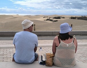 Mature couple of tourists sitting, seen from behind, looking around. Retirees sitting outdoors,...