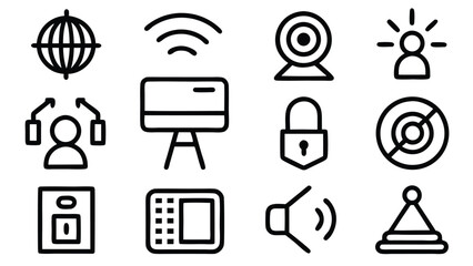 Collection of diverse black outline stroke icons for graphic design and web applications