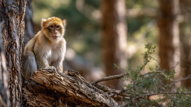 A barbary macaque perched on a fallen tree trunk in a forest with a blurred background of trees