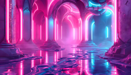 Immersive neon-lit futuristic arcade hall with glowing pink and blue lights and reflective floors