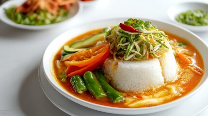 Rice bowl creation with an exotic blend of vibrant vegetables and flavorful broth