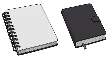 Illustration of a spiral bound notebook and a closed black leather journal with a clasp and ribbon vreated with genrated ai