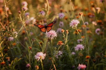 Monarch butterfly gracefully lands on a wildflower in a sunlit meadow