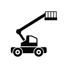 Black silhouette icon of a boom lift or aerial work platform on a white background cherry picker