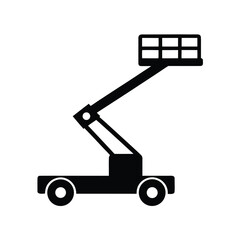 Black silhouette icon of a boom lift with a platform on a white background aerial work platform