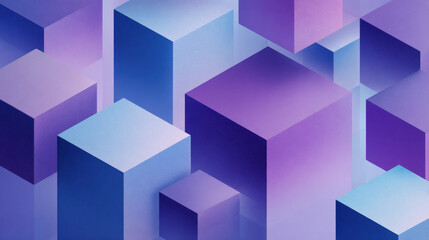 Isometric view of purple and blue cubes in an abstract spatial setting, emphasizing depth and form