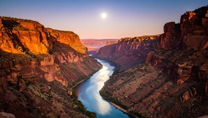 Fototapeta premium River Flowing Through Rocky Canyon at Sunset Scenery