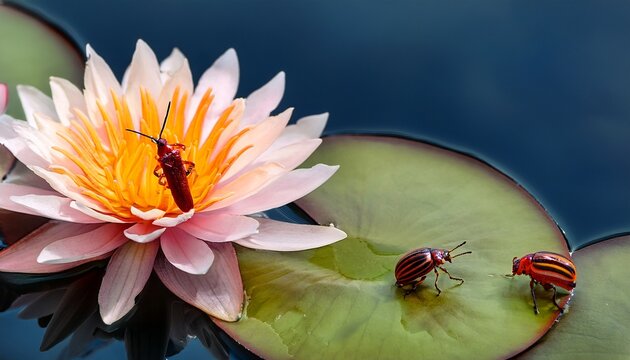 a bug perched atop a bloom flanked by another bug on a lily pad